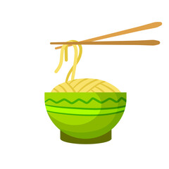 Asian noodles in clay bowl. Oriental cuisine. Japanese Street fast food wok pasta. Chopsticks. Flat cartoon illustration isolated on white