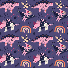 Vector illustration. Dinosaurs seamless pattern rainbow triceratops pink stegosaurus on a purple background. For printing on fabric and paper, for wall decoration. For kids. © Olga Shelukhova