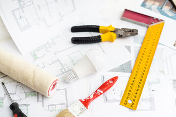 Architecture plan and rolls of blueprints