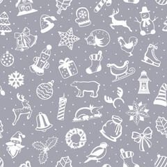 Merry Christmas and Happy New Year seasonal winter Seamless Pattern Texture with decoration items