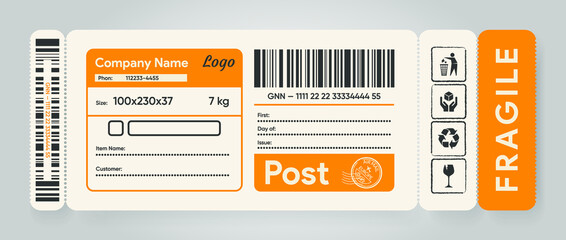 Old shipment label. Cargo cut out sticker. Delivery bar code mockup. Fragile, handle, recycle icon template. Information about company and recipient. Priority mail with barcode. Vector illustration