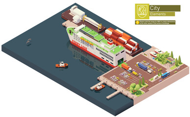 Vector isometric ferry ship unloading or at the port. Docked ferry with open gates and ramp unloading cars and trucks - obrazy, fototapety, plakaty