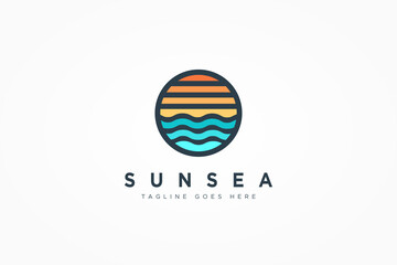Abstract Seascape Logo. Vintage Circular Sun and Sea Wave Combination isolated on White Background. Flat Vector Logo Design Template Element.