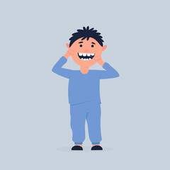 The boy cleans the interdental space with dental floss. Floss should be used in the evening to prevent tooth decay. Flat vector illustration.