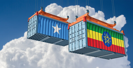 Freight containers with Somalia and Ethiopia national flags. 3D Rendering 