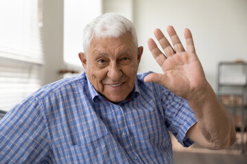 Hello. Headshot portrait of happy smiling grey haired elderly man pensioner looking at camera waving hand hi. Positive old grandfather making videocall greeting welcoming dialogue partner using webcam