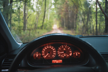 Road trip inside of forest. Drivers point of view with classic instrument cluster design - obrazy, fototapety, plakaty