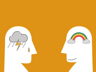 Mental health, illness, brain development, medical treatment  concept, two head with smile rainbow, cry rain thunder, therapist treat patient  illnesses by psycho therapy, vector illustration