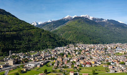 Fototapeta na wymiar City of Morbegno in Valtellina, Italy, aerial view
