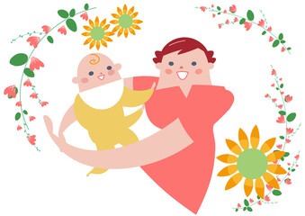 笑顔で赤ちゃんを抱く母親と赤ちゃんのイラスト素材	
