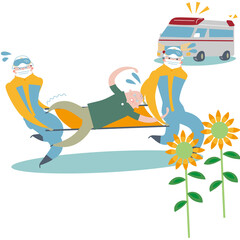 シニアの救急患者を担架に乗せ慌てて搬送する救急隊と救急車のイラスト素材	
