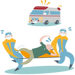 シニアの救急患者を担架に乗せ慌てて搬送する救急隊と救急車のイラスト素材	
