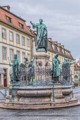 Maximilians-Fountain (Maximiliansbrunnen, created in 1888) on Maximilians-Square. Fountain takes its name from Bavarian king Maximilian I Joseph. Bamberg, Frankonia, Bavaria, Germany.