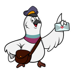 Funny Pigeon cartoon characters, wearing postman hat and shoulder bag, delivering envelope with heart sign, suitable for mascot or logo for delivery service business