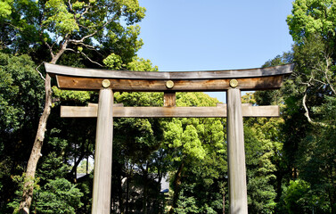 The torii gate with blue sky.
