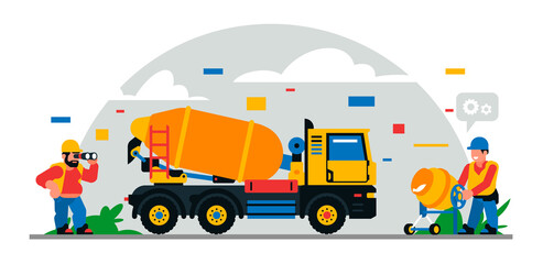 Construction equipment and workers at the site. Colorful background of geometric shapes and clouds. Builders, construction equipment, service personnel, concrete mixer, binoculars.Vector illustration