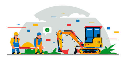 Construction equipment and workers at the site. Colorful background of geometric shapes and clouds. Builders, construction equipment, service personnel, mini excavator, sand. Vector illustration.