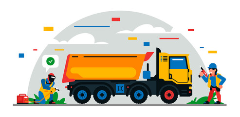 Construction equipment and workers at the site. Colorful background of geometric shapes and clouds. Builders, construction equipment, service personnel, truck, welder, power tool. Vector illustration.