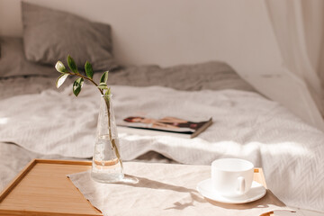 Breakfast in bed in a white room