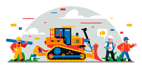Construction equipment and workers at the site. Colorful background of geometric shapes and clouds. Builders, construction equipment, maintenance personnel, bulldozer, foreman. Vector illustration.