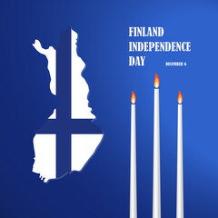 Vector illustration dedicated to the Independence Day of Finland. Map outline flag and white candles on a blue gradient background. Poster, banner, sign.