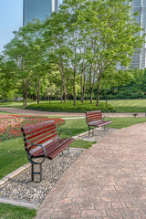 Fototapeta premium Lujiazui central park, green grass and modern skycrapers, for background.