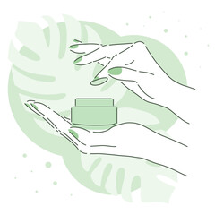 Beautiful woman hands holding a bottle of cream with tropical leaves on background. Hand cream, skin care, moisturizer. Aesthetic line art.