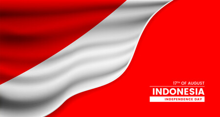 Abstract independence day of Indonesia background with elegant fabric flag and typographic illustration