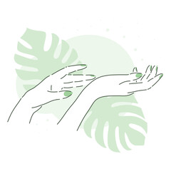 Beautiful woman hands with tropical leaves on background. Soft skin, manicure. Aesthetic line art.