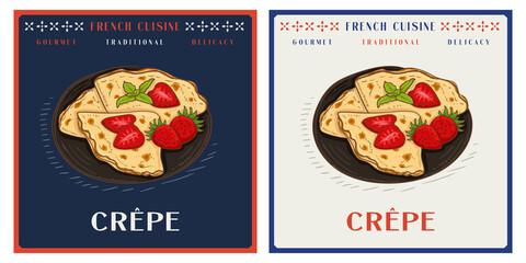 Strawberry thin pancake or crepe on plate vintage retro illustration for menu