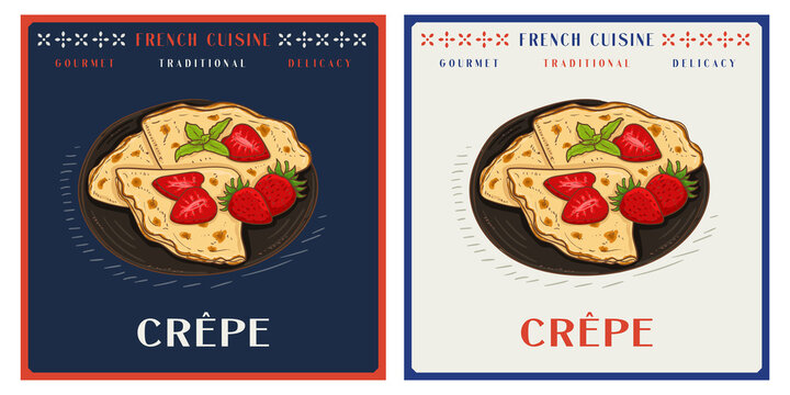 Strawberry thin pancake or crepe on plate vintage retro illustration for menu