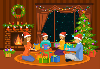 Happy Family, man, woman parents and kids celebrating merry christmas scene, sitting in living room on the floor at fireplace and decorated christmas tree, exchanging xmas presents.
