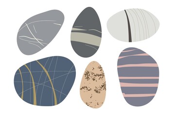 Beach pebbles shape set. Hand drawn various shapes. Modern illustration in vector. Different shapes and colors and textures set. Various forms of sea rock pebbles isolated on white background.