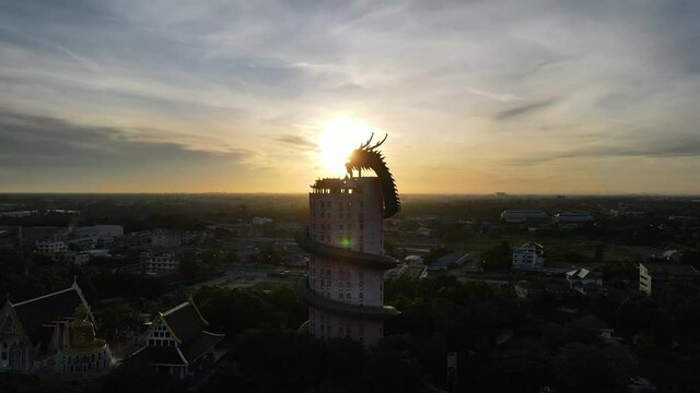 Aerial view from drone footage above the dragon temple called Wat Sampran in Nakhon Phathom, Thailand.