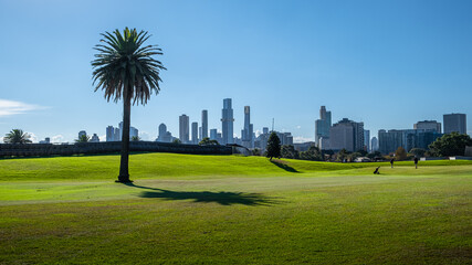 Albert Park Golf Course with buildings background at Melbourne Victoria, Australia