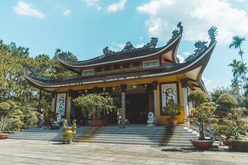 Beautiful view of Bat Nha Pagoda in Bao loc city, Lam Dong province, Vietnam. Text in photos mean Bat Nha pagoda (Vietnamese language)