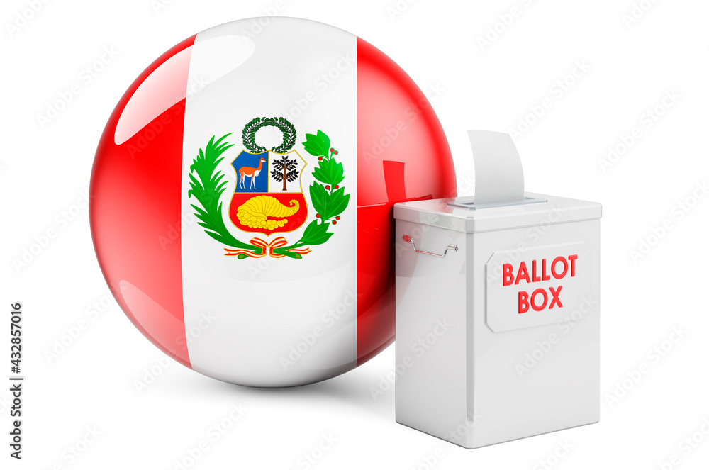 Poster ballot box with peruvian flag. election in peru. 3d rendering