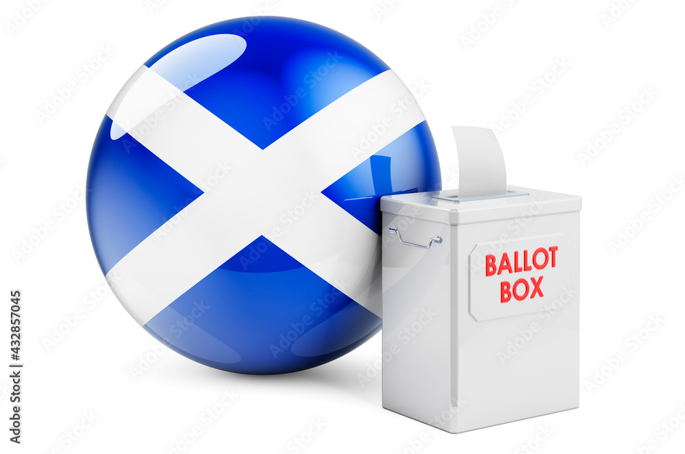 Poster ballot box with scottish flag. election in scotland. 3d rendering