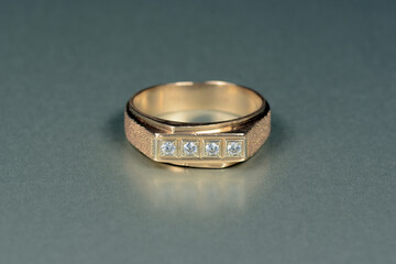 Mens, womens, unisex gold ring with CZ, cubic zirconia round white faceted  gemstones line...