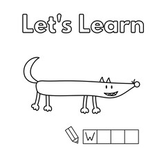 Cartoon wolf learning game for small children - color and write the word. Vector coloring book pages for kids