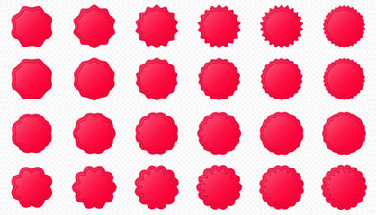 Set of red advertising stickers. Promotional tags for shops and markets. Sale discount stickers of various shapes. Vector elements.