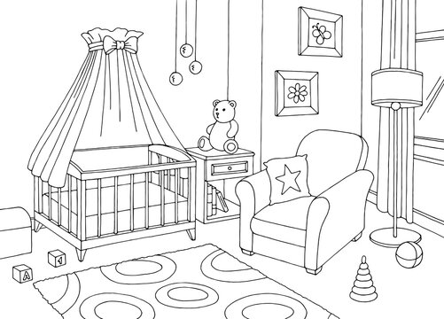 Baby room graphic black white interior sketch illustration vector 