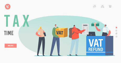 Tax Time Landing Page Template. People Standing at Airport Value Added Tax Refund Counter Desk. Tourists in Tax Free