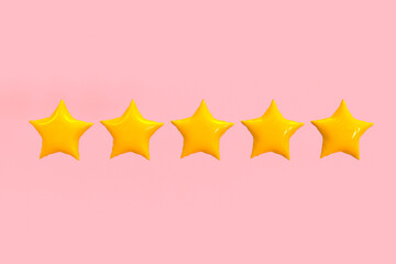 Five star feedback. Evaluation concept, Cartoon 3d stars on pink background. 