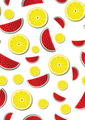  Seameless fresh Pattern with Fruit Watermelon and Lemon on White Background