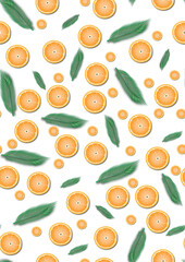 Seameless Pattern with Orange Slices and Green Leaves on White Background