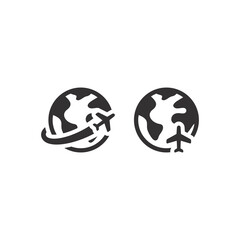 Planet Earth with airplane black vector icon. Globe and flight, travel symbol.