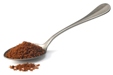 brown sugar in the metal spoon, isolated on white background