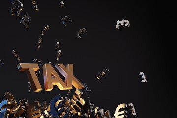 Money signs with acronym 'TAX' - 'Value Added Tax', studio background. Business concept and copy space.