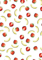 Seameless Pattern with Whole and Halved Strawberries and banana on White Background.